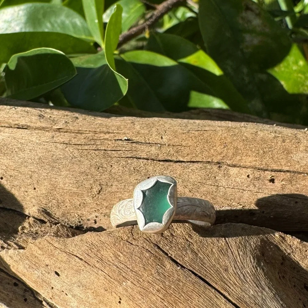 Teal blue green sea glass natural tumbled floral sterling & fine silver - Picture 4 of 5